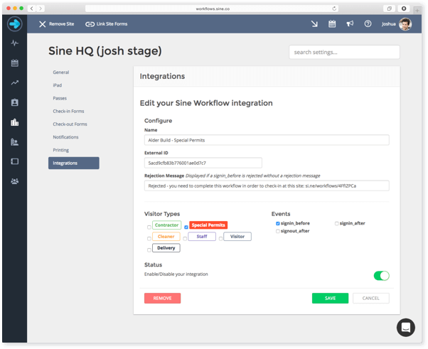 Screenshot of Sine core integrations
