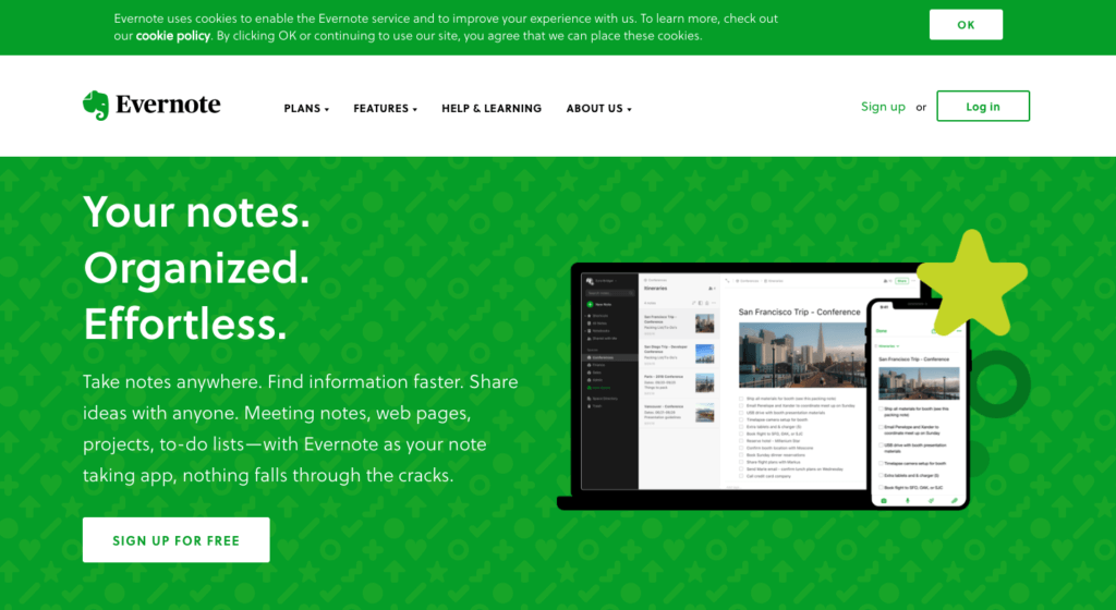 Image of evernote homepage