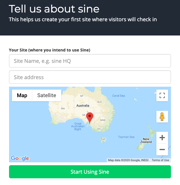 Site set up page for Sine