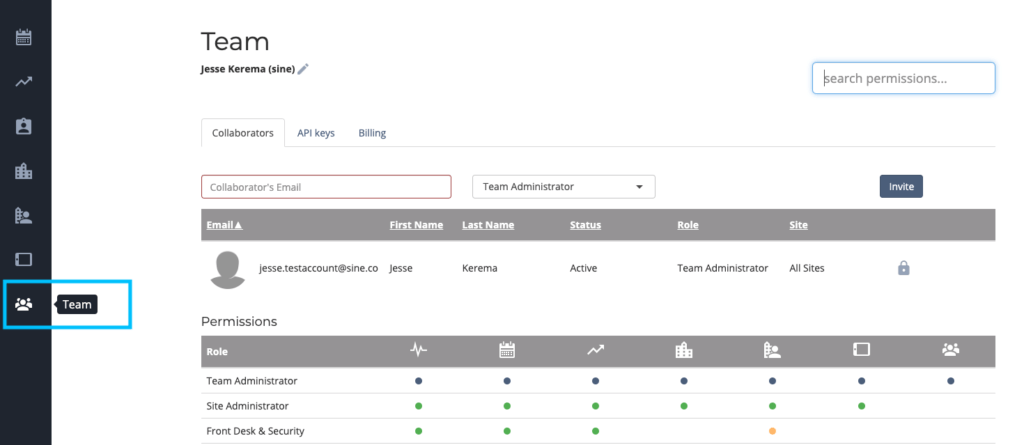 Team page on Sine dashboard