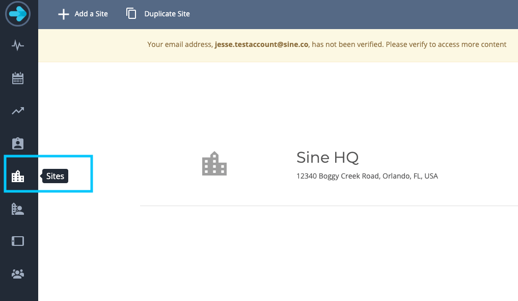 The site page on the Sine dashboard