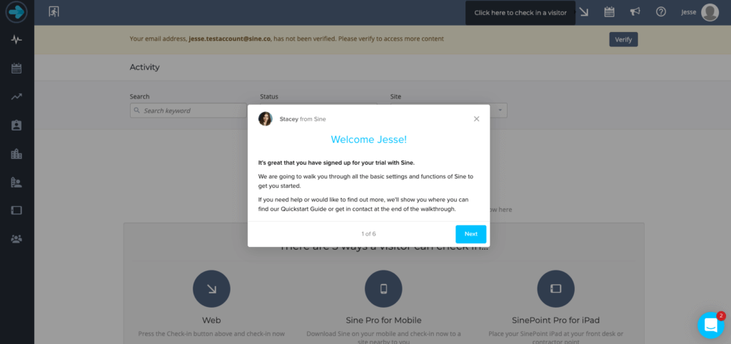 Welcome message on the Sine dashboard