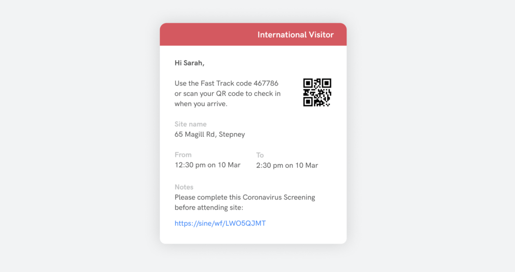 Invite for visitor with covid-19 pre-screening questions