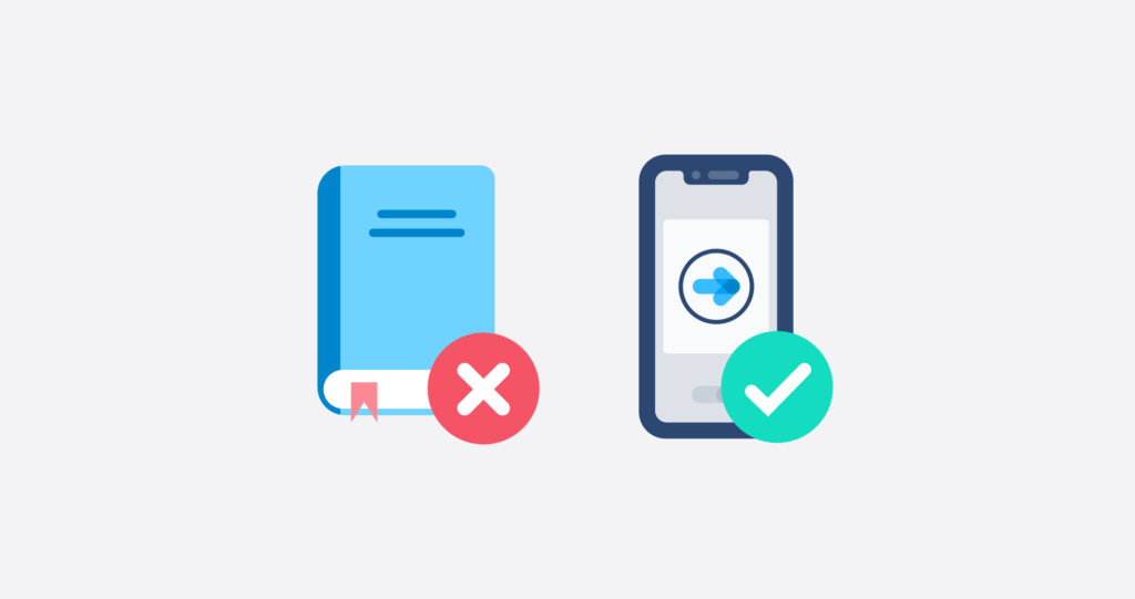 Paper logbook with an "X" and visitor management app with checkmark