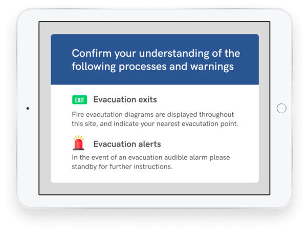 Evacuation exits and alerts on Sine Point Pro at check-in
